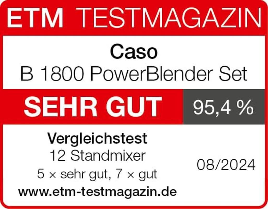 CASO B 1800 Powerblender-Set - Robot da cucina, 28.000 giri/min, bicchiere di vetro 1,75 L, incl. Trinkflasche Und Zerkleiner, Mixer Testsieger Mit Sehr Gut, Edelstahl Naty Shop
