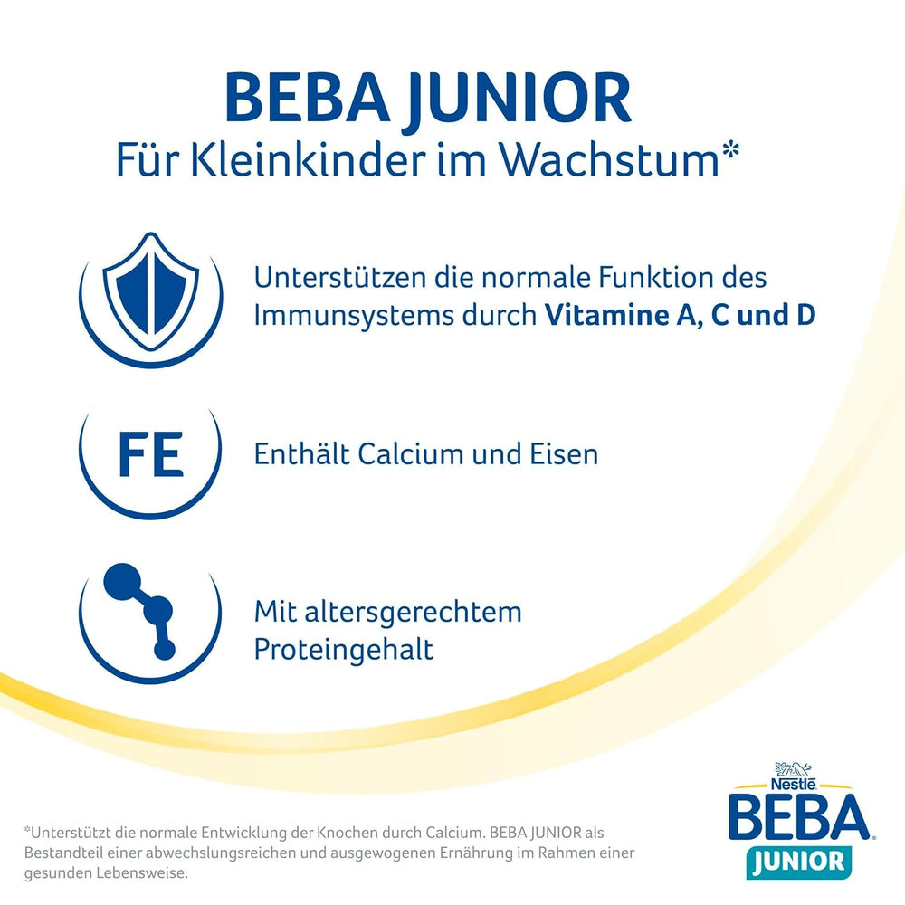 Băutură cu lapte BEBA Junior 1+ de la 1 an, Cu HMO, Conținut de proteine adaptat vârstei, Numai lactoză, Fără ulei de palmier, Fără ulei de pește, Hrană pentru copii mici, Lapte praf pentru bebeluși, Pachet de 6 (6 x 800g)