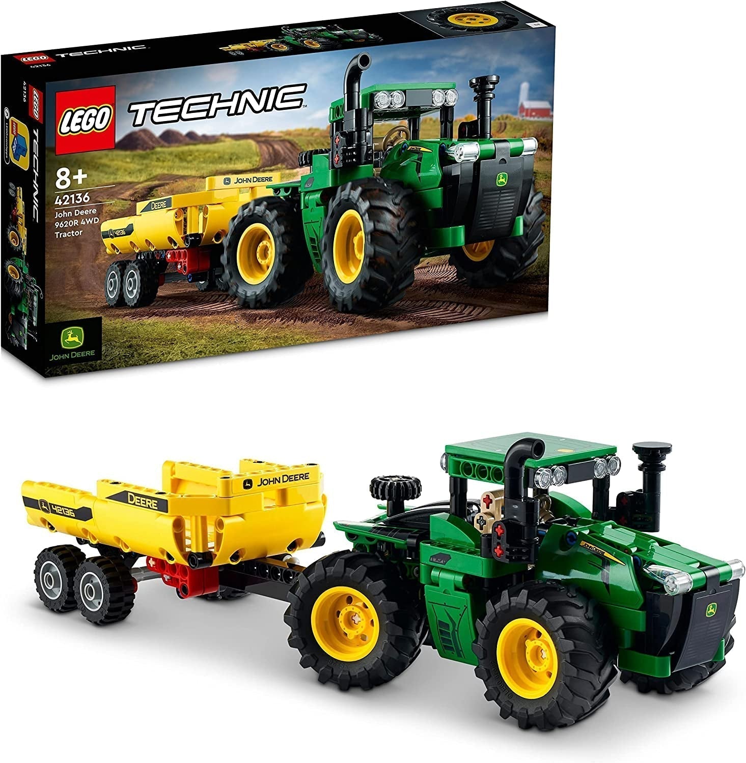 LEGO Technic John Deere 9620R Trattore 4WD con rimorchio ribaltabile Classico giocattolo agricolo per bambini Ragazzi e ragazze 8 anni Kit modello da collezione 42136 Set di costruzione Besuche den LEGO-Store Single