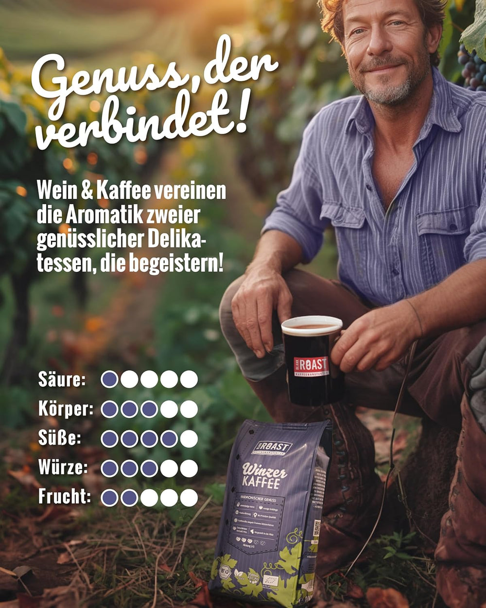 Blank Roast - BIO Winzer Kaffee 1000g - schonend mit Pfälzer Rebholz geröstet - ganze Kaffee-Bohnen aus Peru - 100% Arabica Röstung - schokoladig & nussig - säurearm