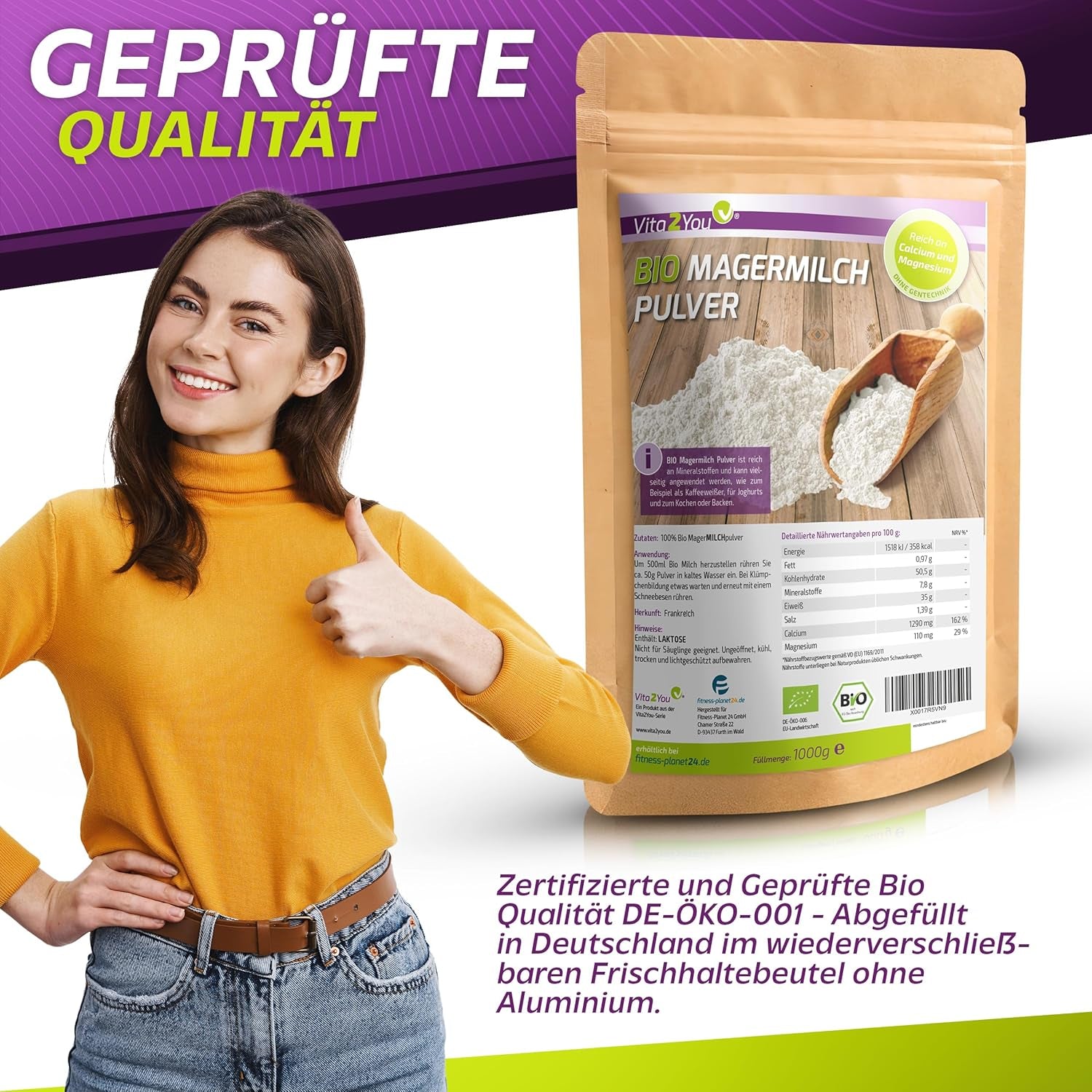 Vita2You Bio Latte scremato in polvere 1000g - 100% Bio Qualität - per cuocere al forno - Kaffeeweißer - Milchpulver für Joghurts - 1kg - Premium Qualität