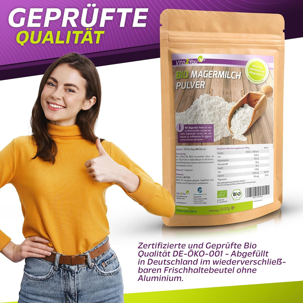 Vita2You Bio Latte scremato in polvere 1000g - 100% Bio Qualität - per cuocere al forno - Kaffeeweißer - Milchpulver für Joghurts - 1kg - Premium Qualität