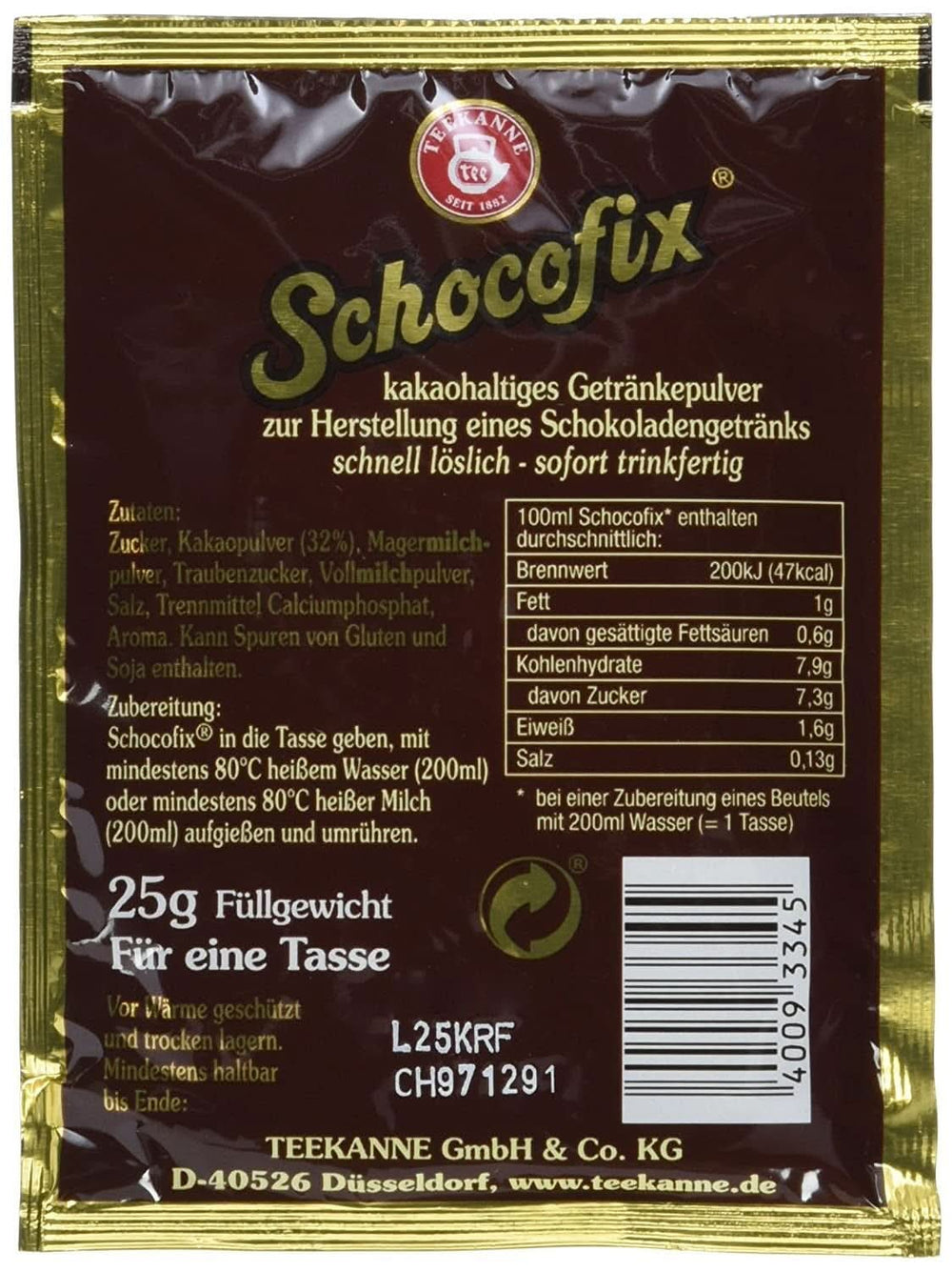 Cioccolata da bere Teekanne Schocofix, confezione da 50 x 25 grammi Cacao e Cioccolata Calda Naty Shop