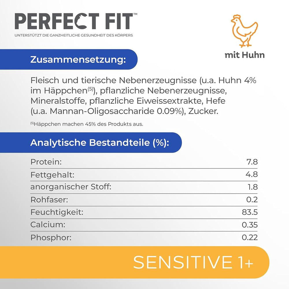 Hrană umedă pentru pisici Perfect Fit Sensitive 1+ cu pui în sos, 12 pliculețe, 12 x 85g – Hrană umedă premium pentru pisici sensibile de la 1 an, fără grâu și soia, pentru a susține digestia