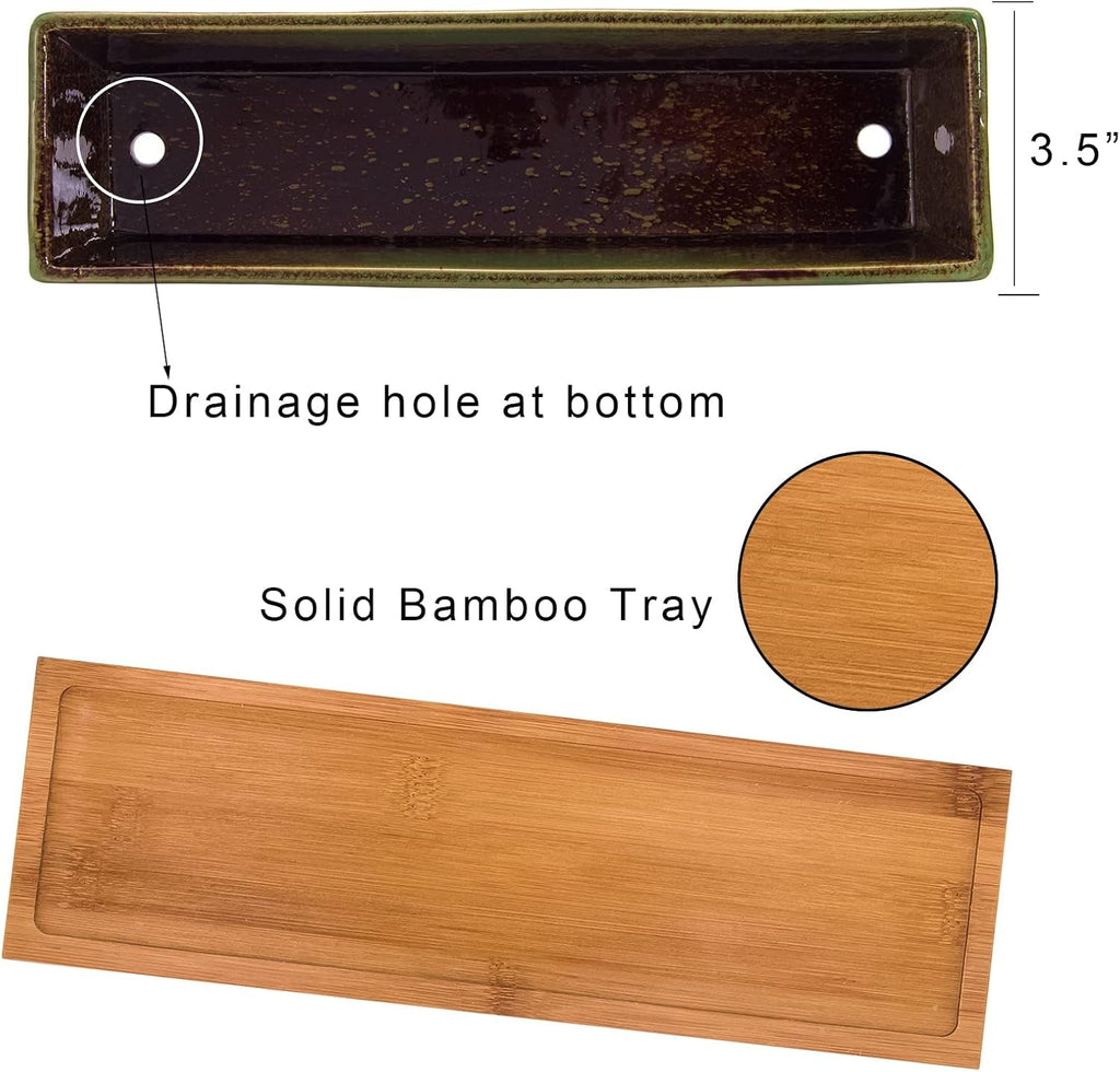 Ghivece ceramice pentru suculente, 30 cm, moderne, lungi, dreptunghiulare, recipient pentru flori cu tavă, cutie plată pentru cactus și bonsai cu drenaj, pentru uz interior și exterior, decorațiuni interioare