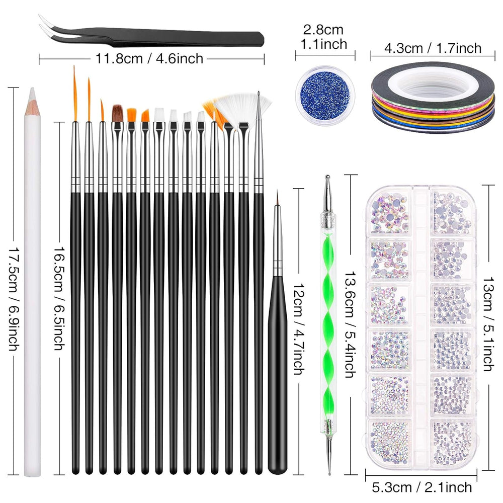 MELLIEX 45 Stück Nail Art Dekoration Zubehör Set, Nägel Pinsel Strasssteine Glitzer Goldfolie Nageldesign Dotted Pen Streifenband Für Nagelkunst Maniküre Set