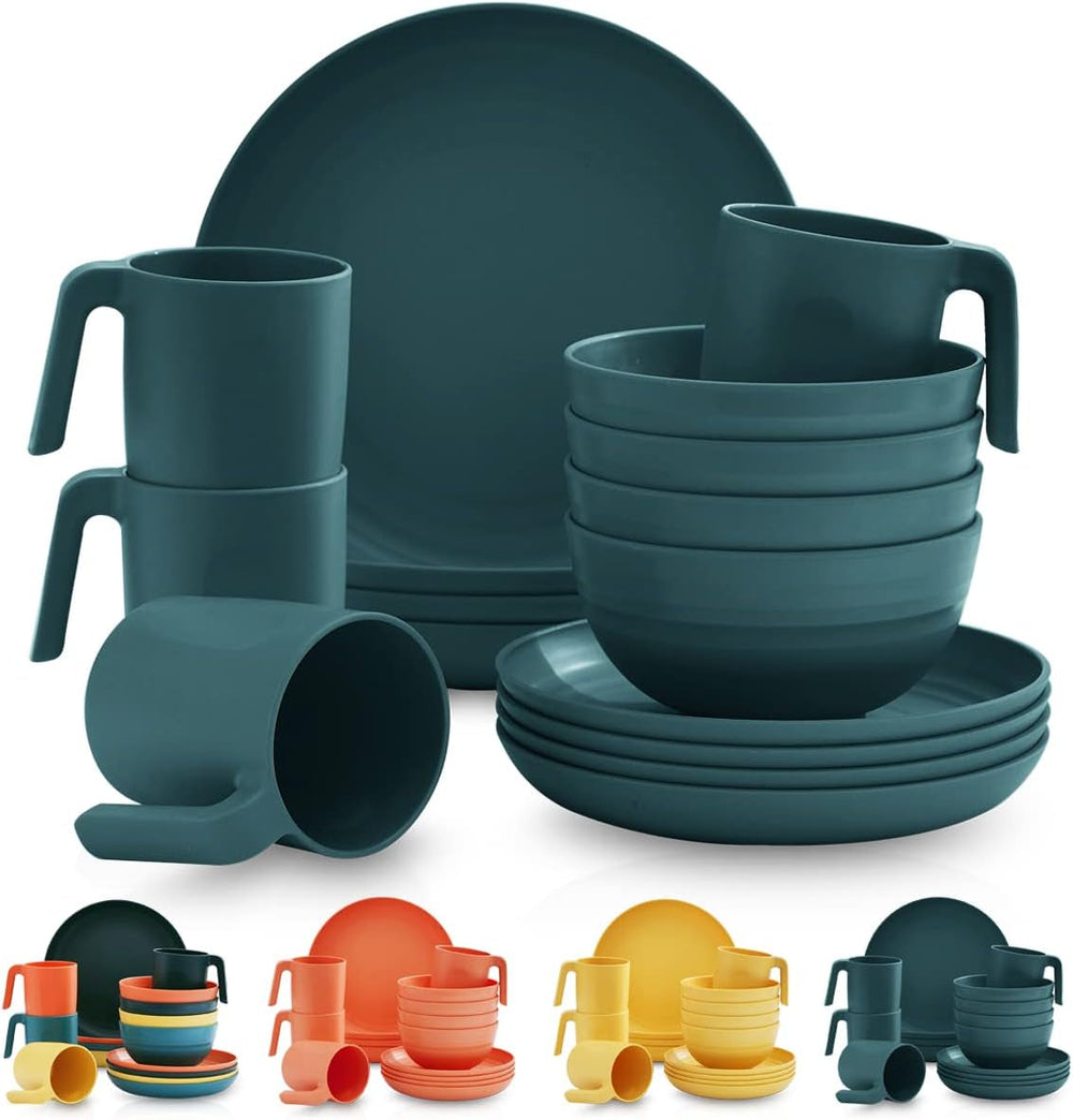 Set de veselă Kyraton din plastic incasabil și reutilizabil, format din 16 piese. Farfurii, căni, boluri și vase ușoare. Ușor de transportat și de curățat. Fără BPA. Pentru 4 persoane.
