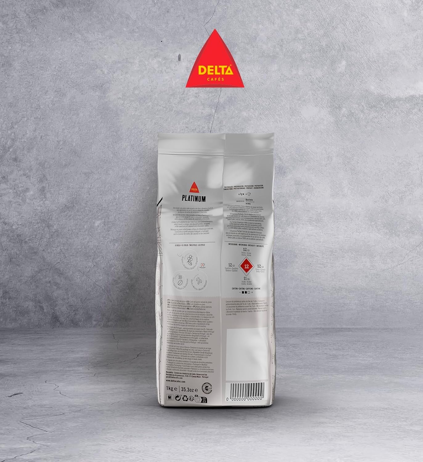 Cafea boabe Delta Cafés Platinum, 1 kg, 2 bucăți, Intensitate 12, amestec Arabica-Robusta