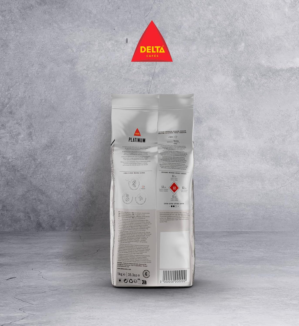 Cafea boabe Delta Cafés Platinum, 1 kg, 2 bucăți, Intensitate 12, amestec Arabica-Robusta