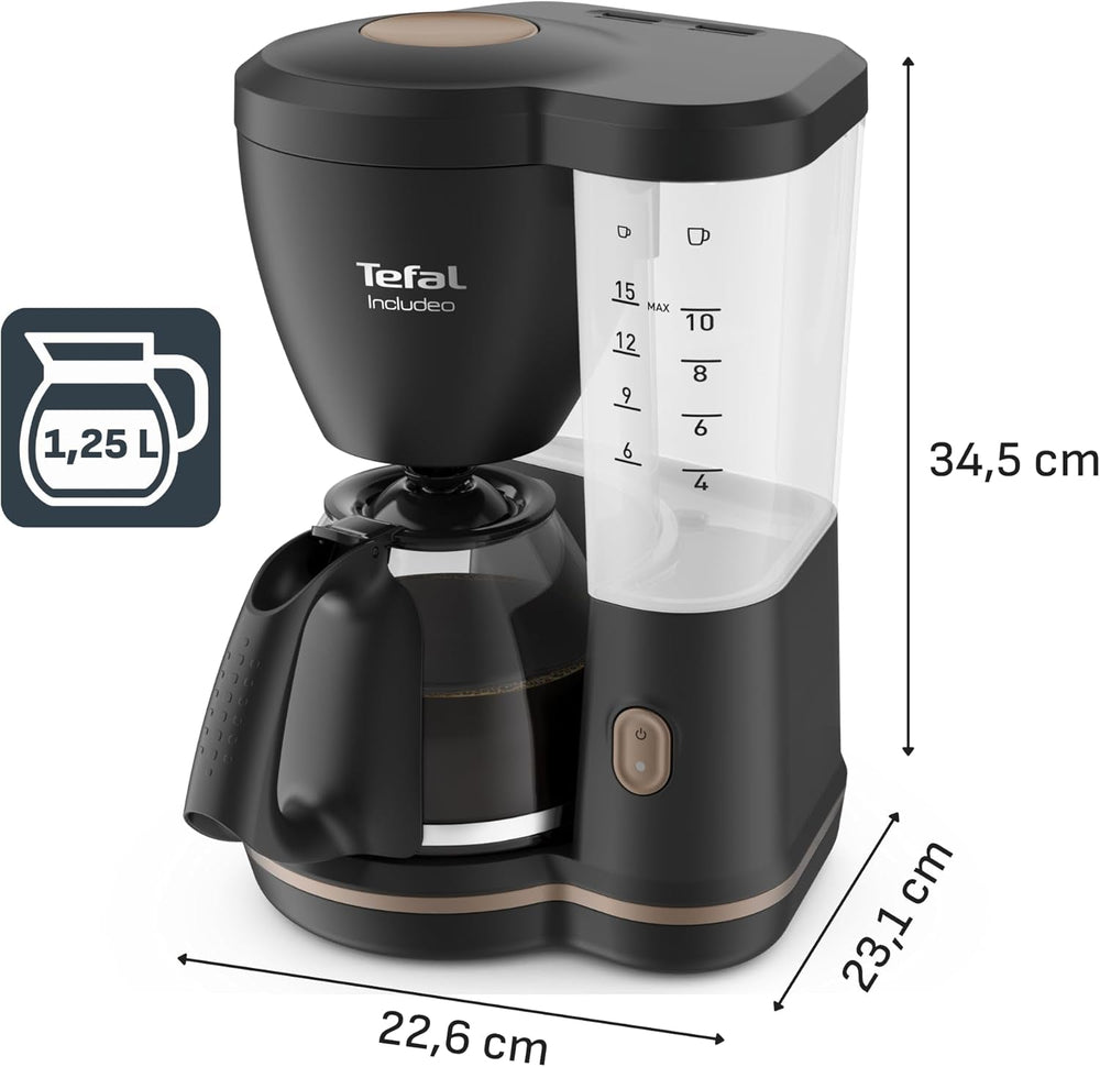 Espressor cu filtru Tefal Includeo, espressor extrem de ușor de utilizat, potrivit pentru dreptaci și stângaci, deschidere automată a capacului, 1,25 l, 10 până la 15 cești, CM533811