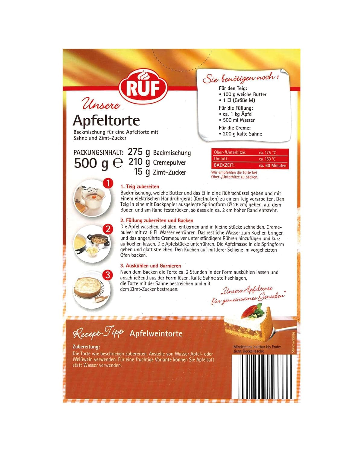 RUF Apfeltorte, Backmischung Für Eine Apfel-Torte Mit Sahne-Creme Und Zimt-Zucker, Apfel-Zimt-Torte, Vegan Naty Shop