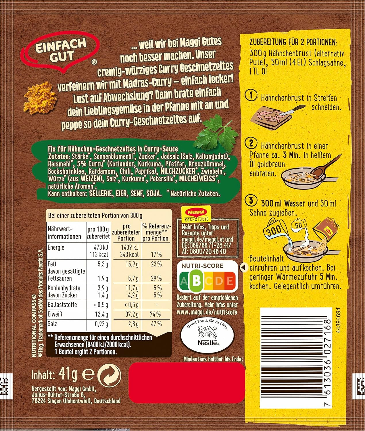 MAGGI Fix per Curry Geschnetzeltes, Würzmischung, con ingredienti naturali*, per 2 porzioni, 1 confezione (1 x 41g)