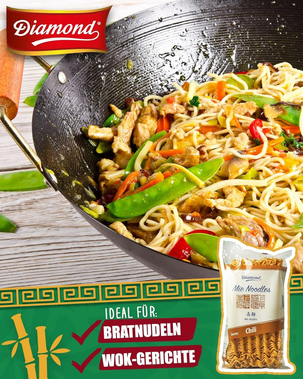 DIAMOND Mie Chili Noodles, tagliatelle di grano con peperoncino in polvere, senza uova, facili e veloci, vegetariane - 1 x 250 g
