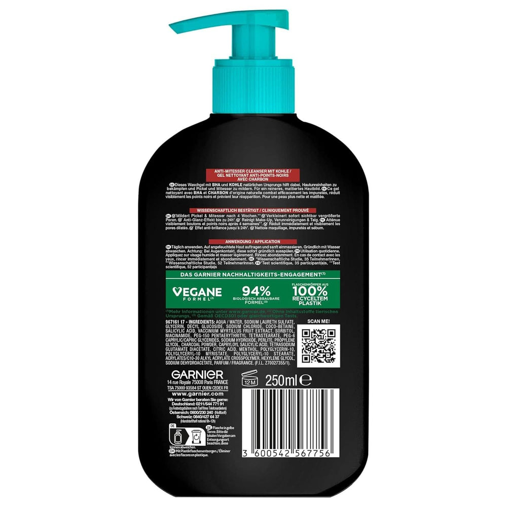 Garnier Charcoal Cleanser Gel detergente viso contro punti neri e brufoli 250ml Doccia e bagno Naty Shop