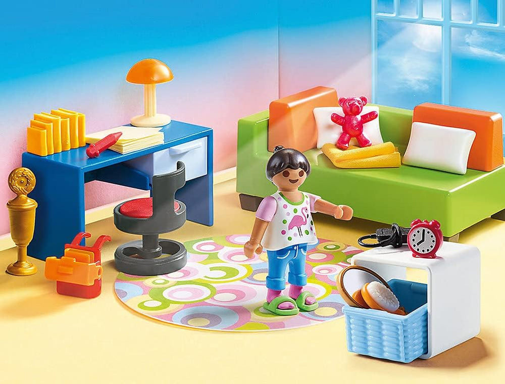 Dollhouse 70985 Casă de păpuși pliabilă cu mâner, jucărie pentru copii de la 4 ani și peste & Dollhouse 70209 Cameră pentru adolescenți cu figurină fetiță și accesorii, 4 ani și peste
