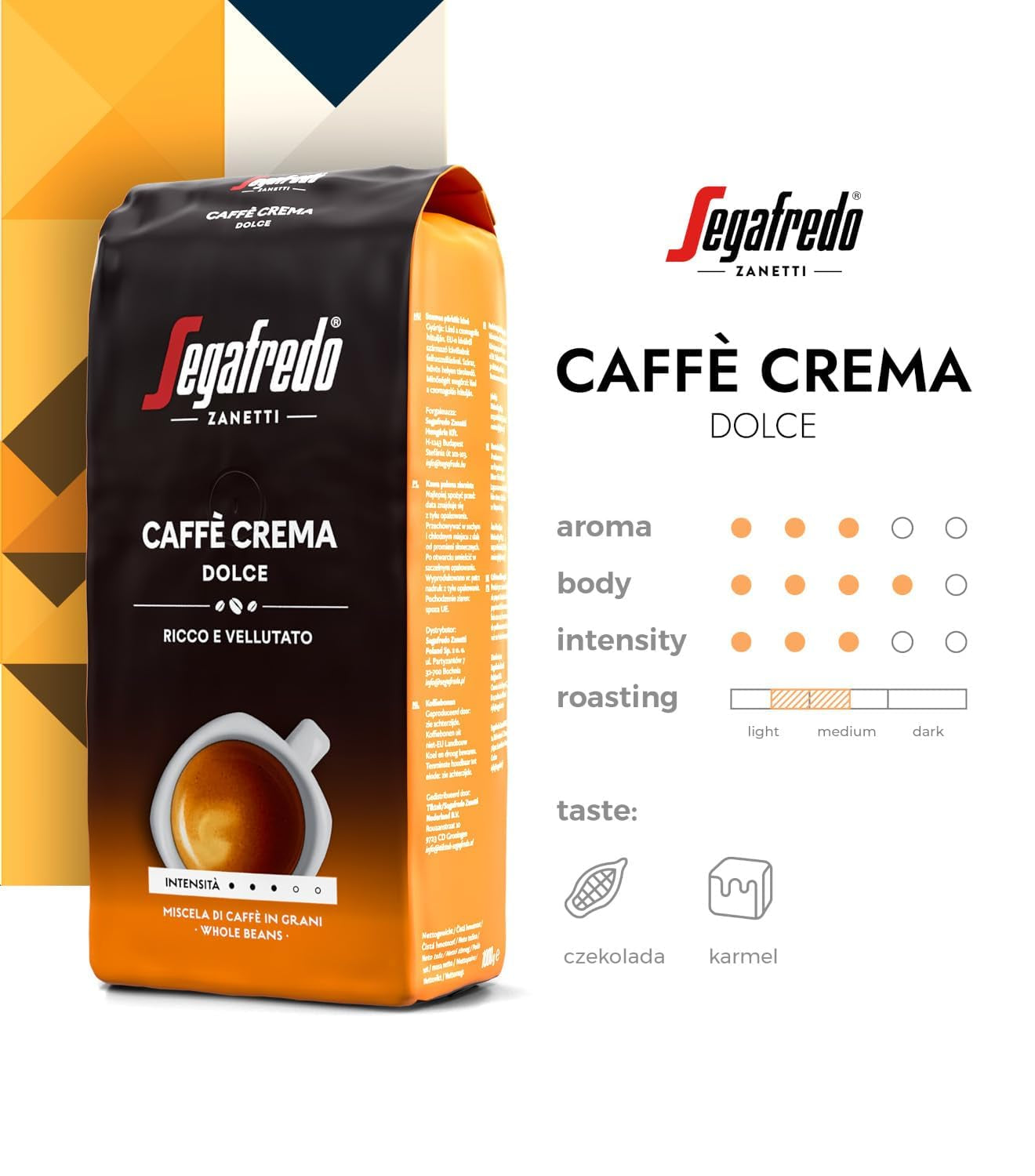 Segafredo Zanetti Caffè Crema Dolce - Boabe întregi (pachet de 1 kg) - Potrivit pentru Caffè Crema - Boabe de cafea prăjite ușor spre mediu, cu gust blând și echilibrat (pachet de 2)