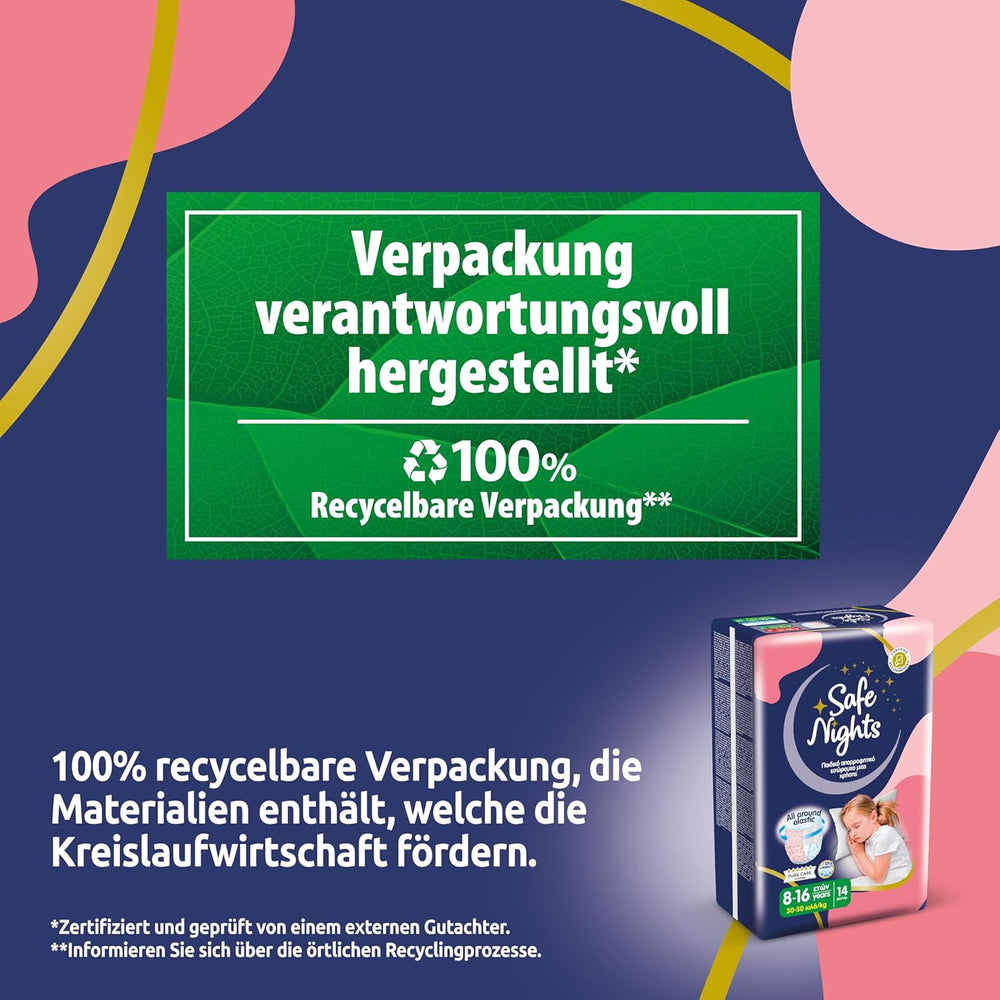 Safe Nights Girl, Indumenti da notte assorbenti per ragazze 8-16 anni (30-50 kg), confezione da 14