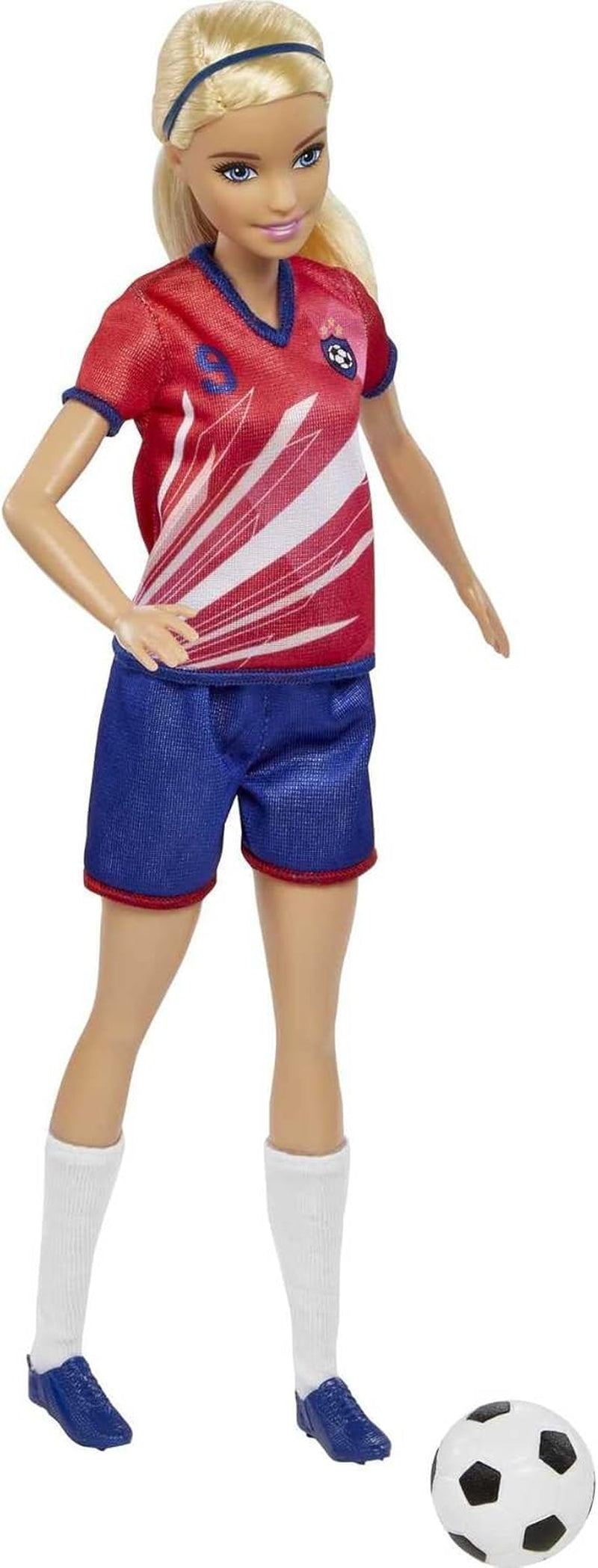 Seria Barbie You Can Be Anything, Jucătoare de fotbal, Jucătoare de fotbal cu păr blond, Tricou roșu și albastru, Minge, Accesorii, Păpușă inclusă, Cadou pentru copii cu vârsta de 3 ani și peste, HCN17