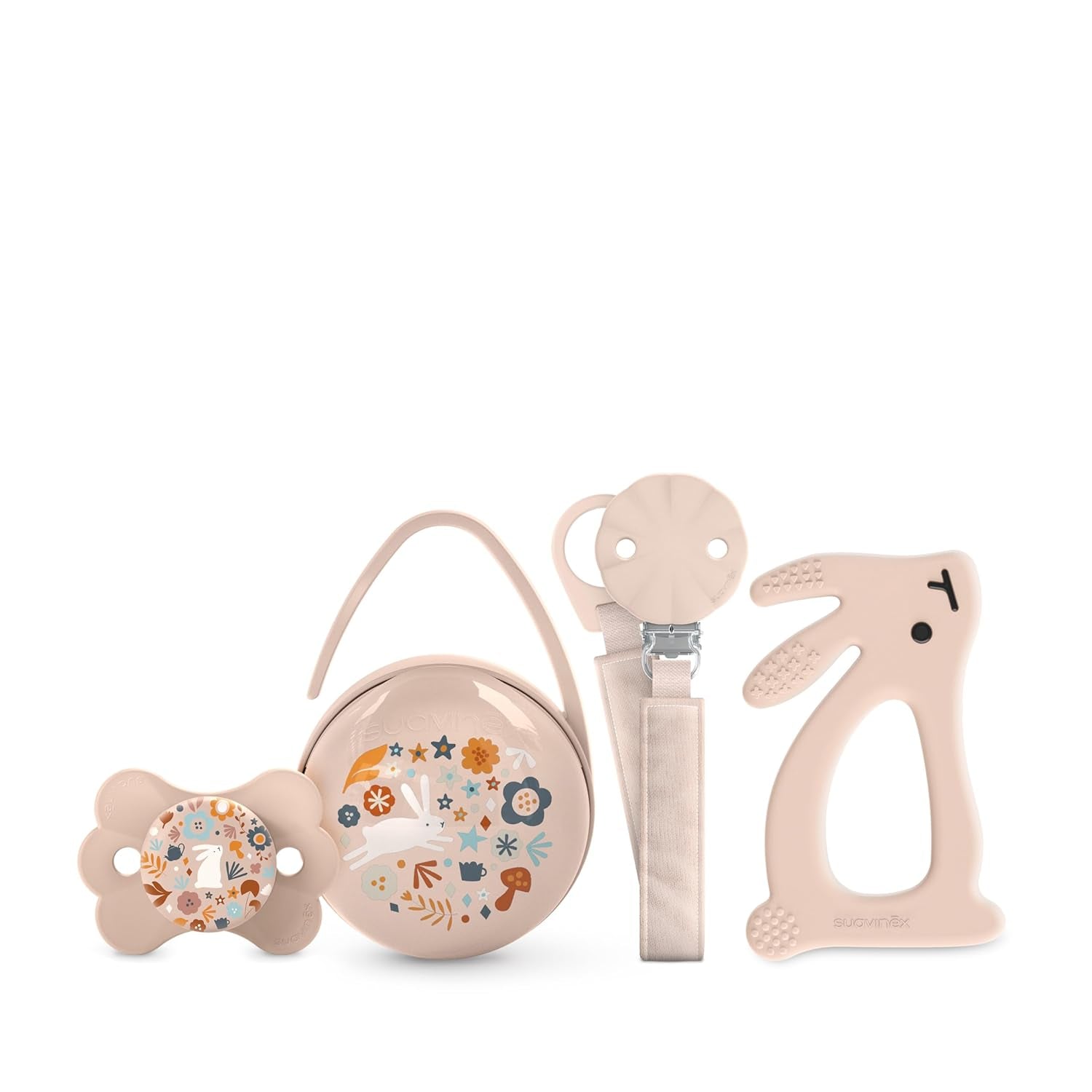 Set cadou Suavinex pentru nou-născuți. Set cu 4 piese, inclusiv: suzetă Physiological SX Pro pentru bebeluși 0-6 luni + suport pentru suzetă + husă pentru suzetă Duo + inel de dentiție din silicon. Wonderland, bej