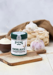 Fuchs Gewürze - Aglio granulato - würzig-zwiebliger Geschmack für Tzatziki, Knoblauchbutter oder Gemüsegerichte - ingredienti naturali - 85 g in wiederverwendbarer, recyclebarer Dose