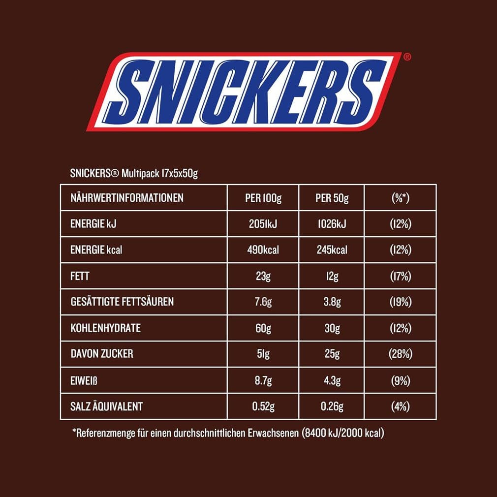 Confezione da 5 barrette di cioccolato Snickers al caramello di arachidi | Snack calcio | (1x5x50g)