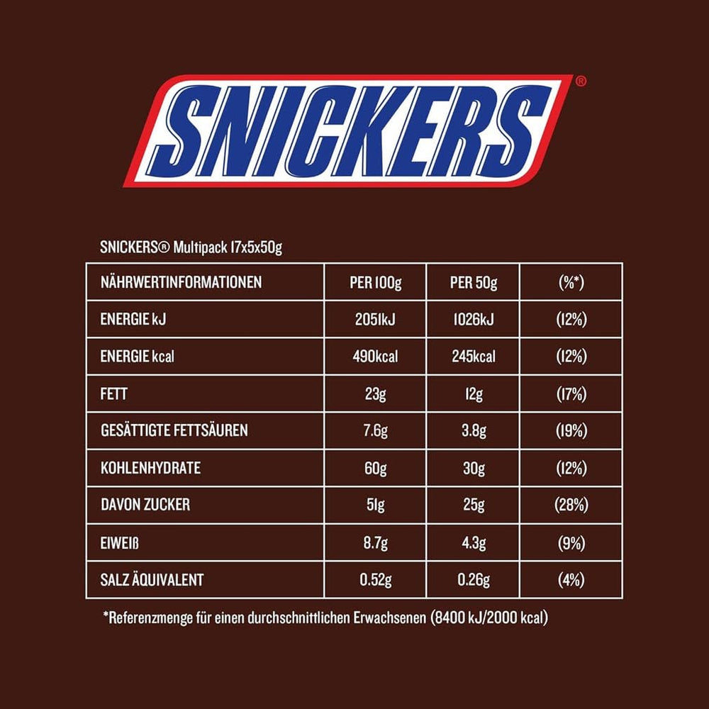 Confezione da 5 barrette di cioccolato Snickers al caramello di arachidi | Snack calcio | (1x5x50g)