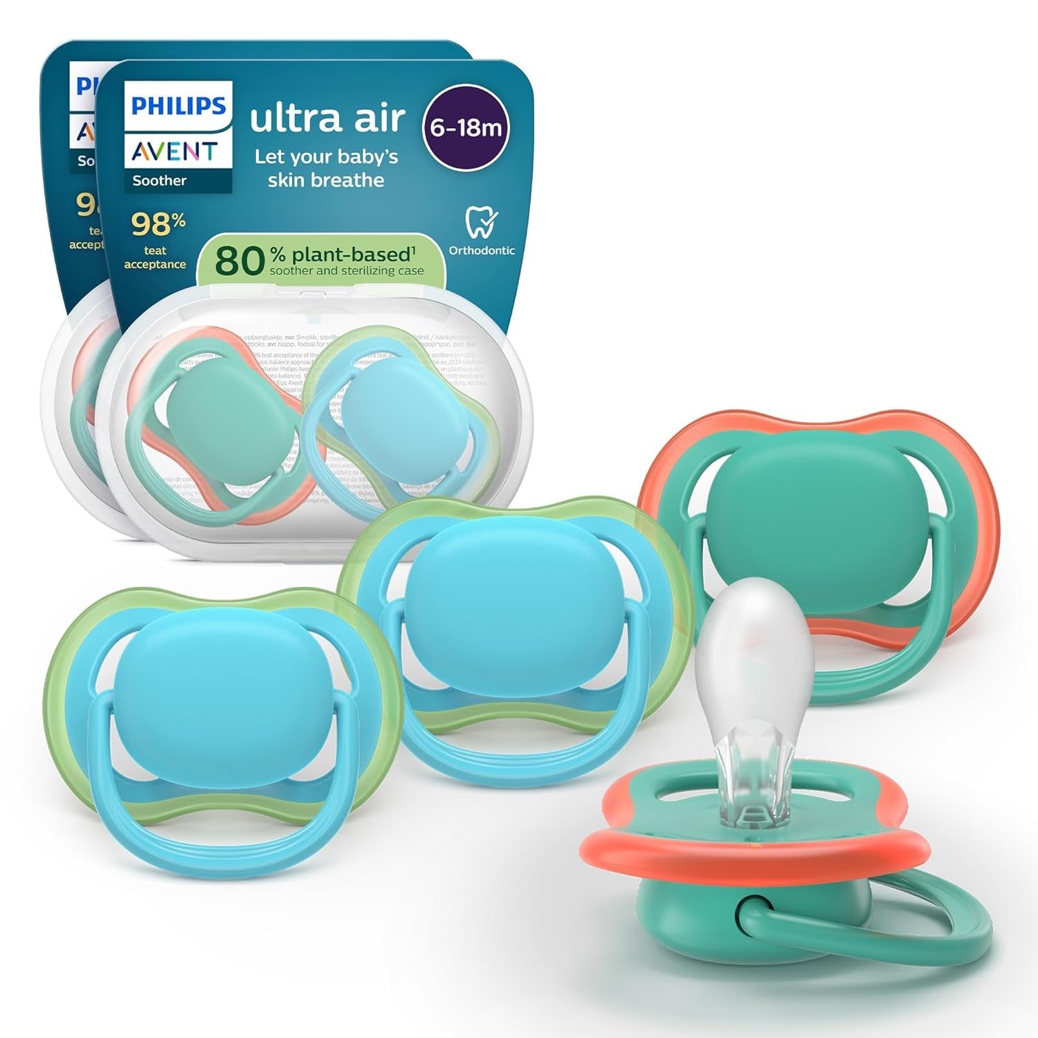 Suzete Philips AVENT ultra air - pachet de 4 suzete fără BPA, respirabile, pentru bebeluși 6-18 luni, inclusiv cutie de transport și sterilizare, model broască țestoasă/balenă (model SCF085/66)