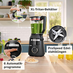 Robot da cucina ad alta velocità Vitapower Serie 6 MMBD665B1, 45.000 giri/min, 6 programmi Inkl Heiße Suppe & Reinigung, 2 L Mixbehälter, Stopfer, Spülmaschinenfeste Teile, Made in Europe, 1800W, Schwarz Kitchen Naty Shop