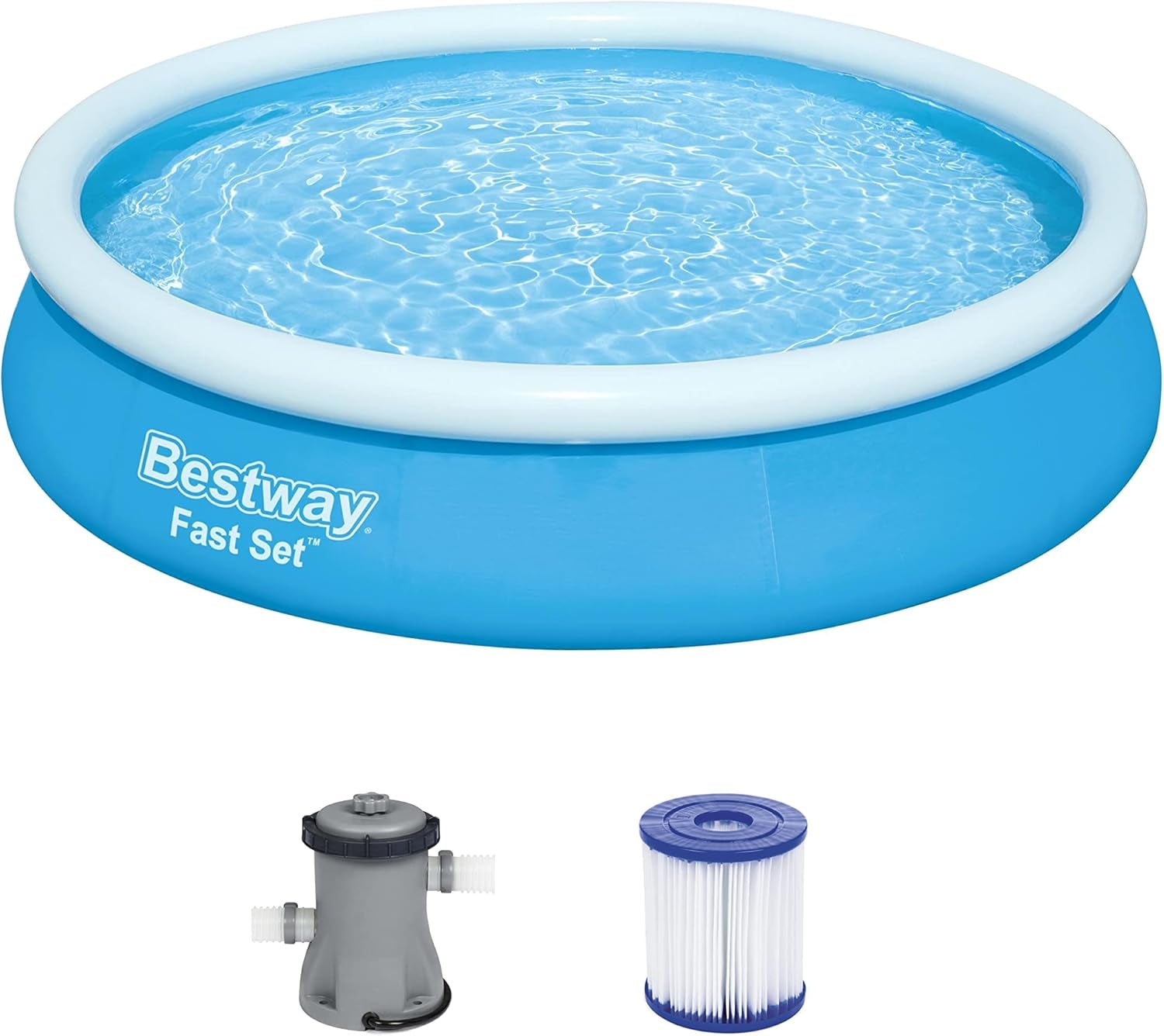 Set piscină supraterană Bestway Fast Set cu pompă de filtrare Ø 244 x 61 cm, albastră, rotundă