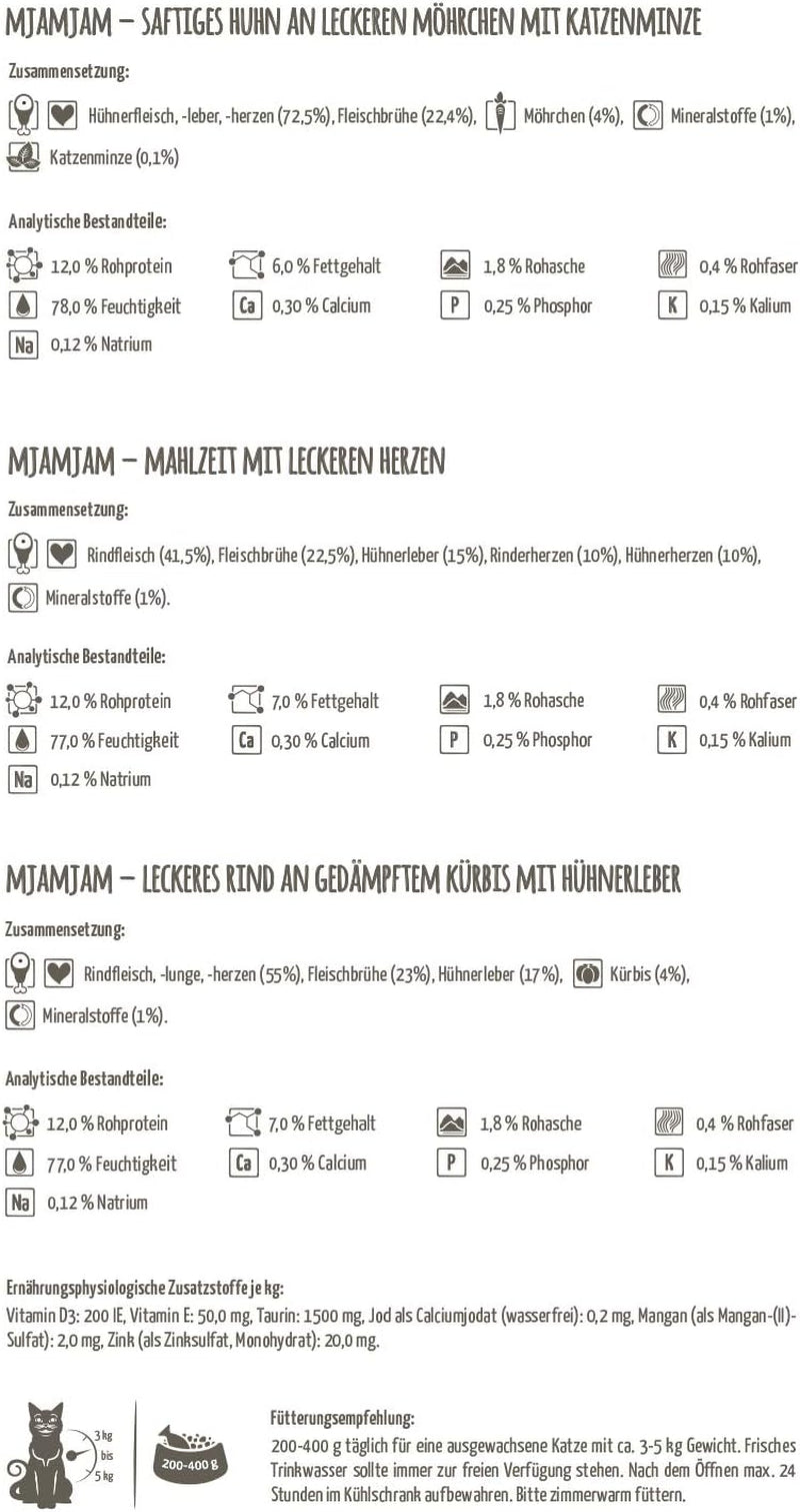 MjAMjAM - Hrană umedă premium pentru pisici - Pachet mixt I - Pui, Vită, Inimi, pachet de 12 (12 x 125 g), fără cereale cu carne suplimentară