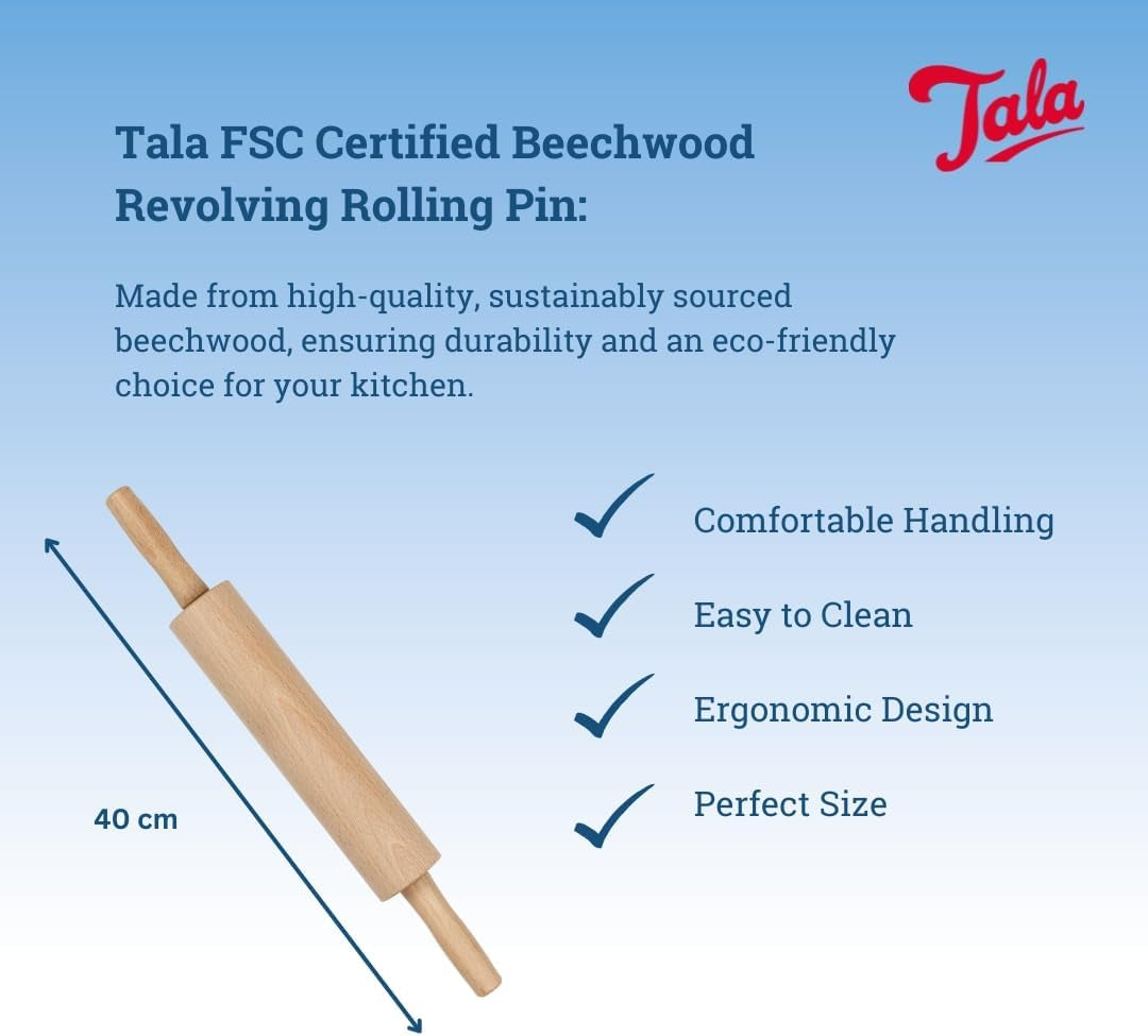 Tala Teigroller aus Buchenholz – Drehbares Nudelholz mit Griffen, glatte Oberfläche, durevole e leggero per la pulizia – Perfetto per Teig, Gebäck, Brot & Pizza – FSC-zertifiziertes Holz