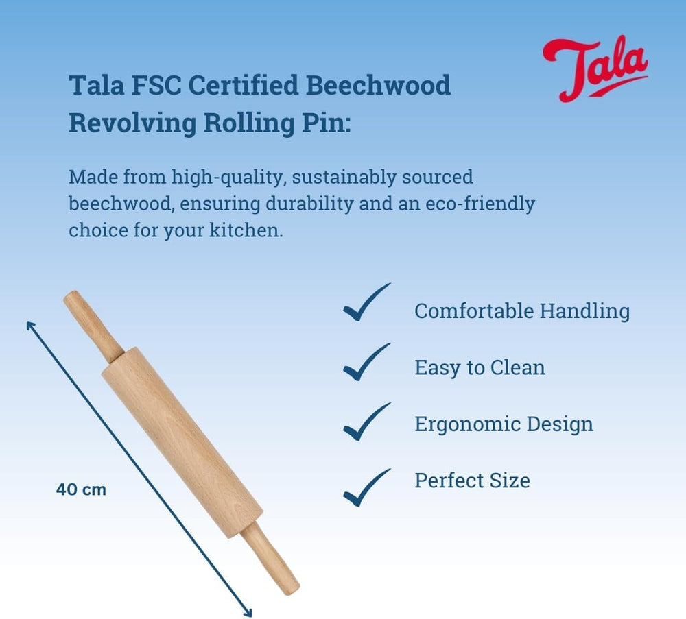 Tala Teigroller aus Buchenholz – Drehbares Nudelholz mit Griffen, glatte Oberfläche, durevole e leggero per la pulizia – Perfetto per Teig, Gebäck, Brot & Pizza – FSC-zertifiziertes Holz