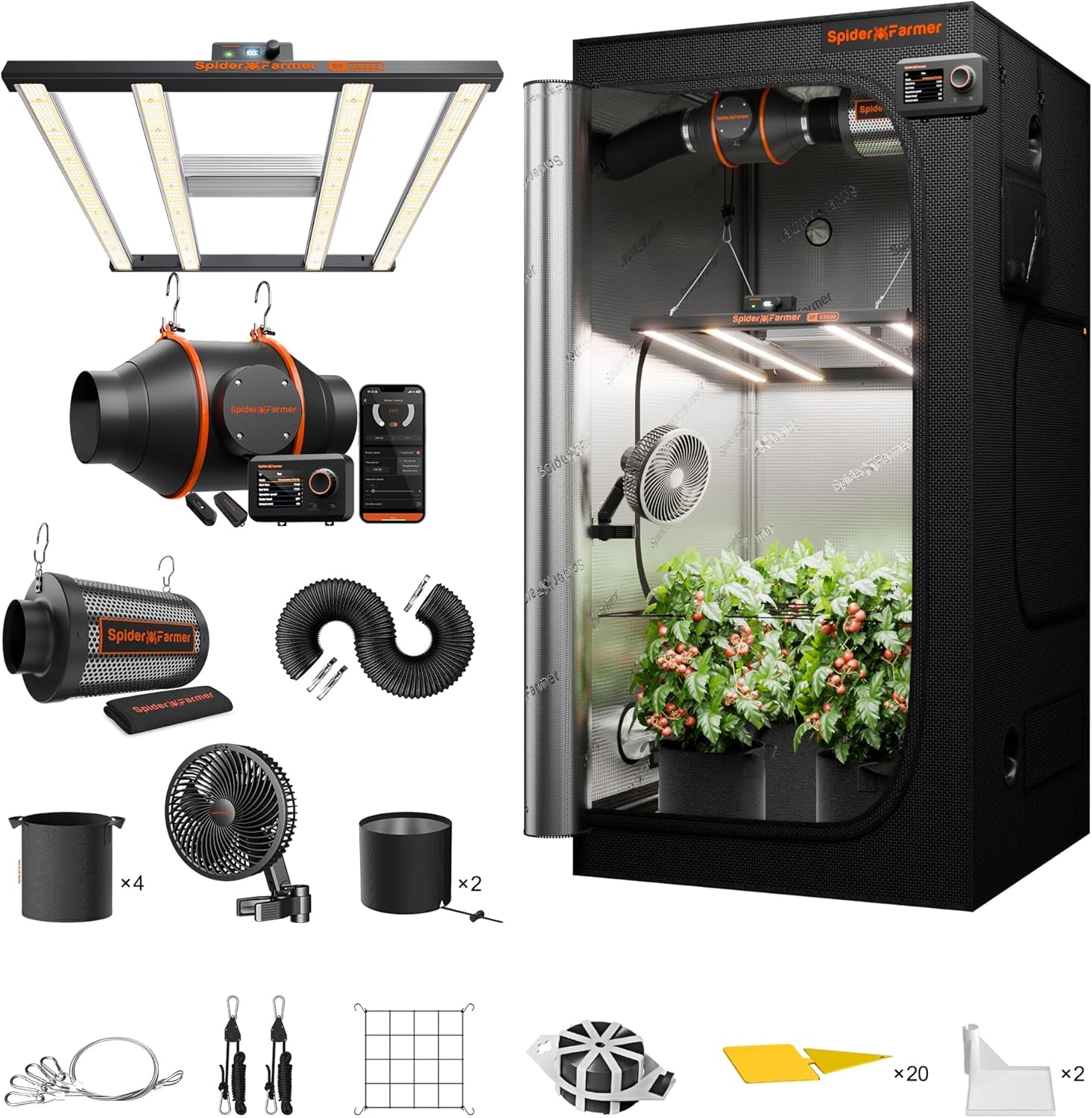 Lampada da coltivazione LED dimmerabile Spider Farmer SF1000 a spettro completo, diodo Samsung LM301H EVO, kit tenda da coltivazione completa 70x70x160 cm, set tenda da coltivazione idroponica, sistema di ventilazione