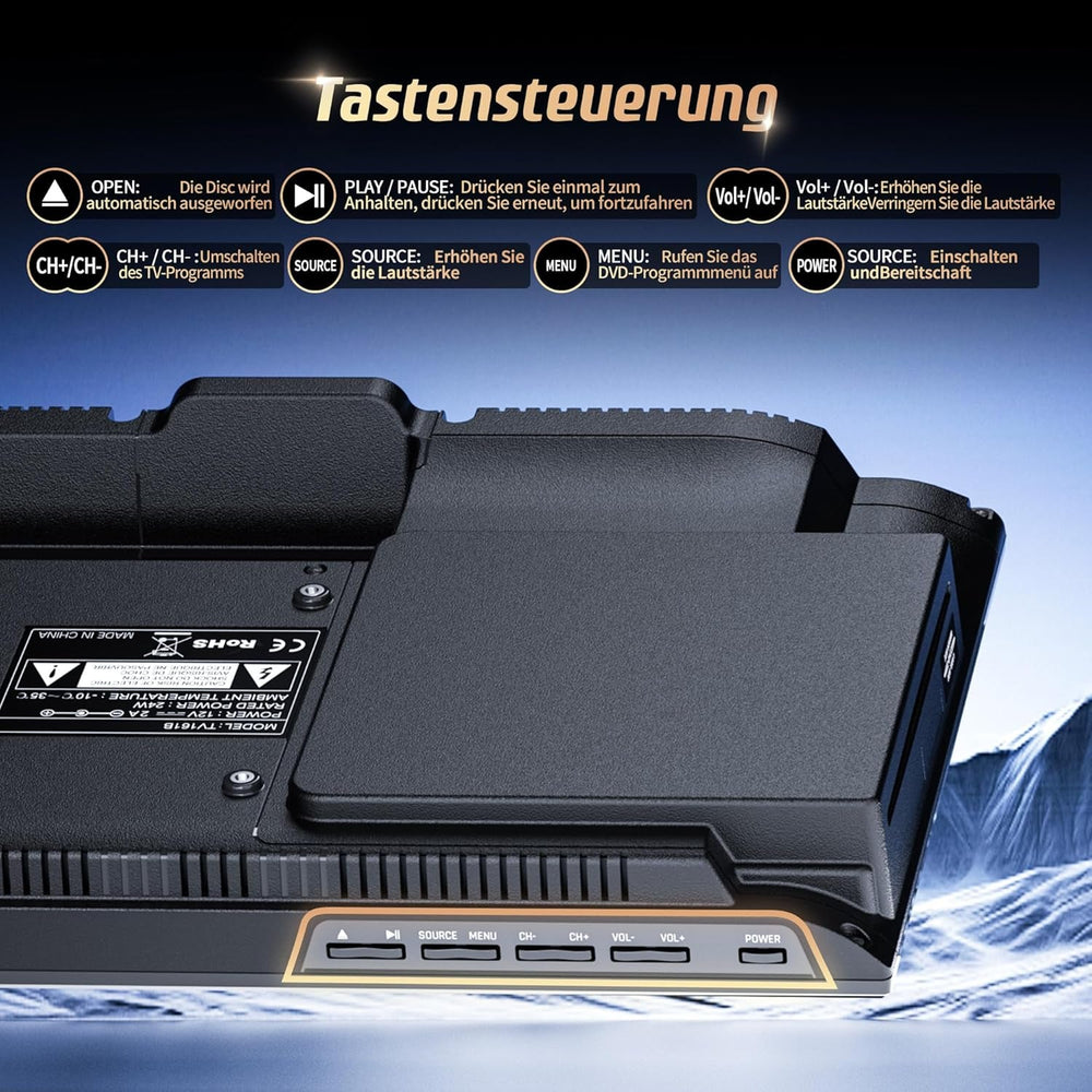 Mini televizor DESOBRY de 16 inci cu DVD player integrat, suport pentru mini televizor 1080p, antenă, HDMI, AV, intrare USB, televizor de 12V pentru camping/autorulote/caravane/autorulote