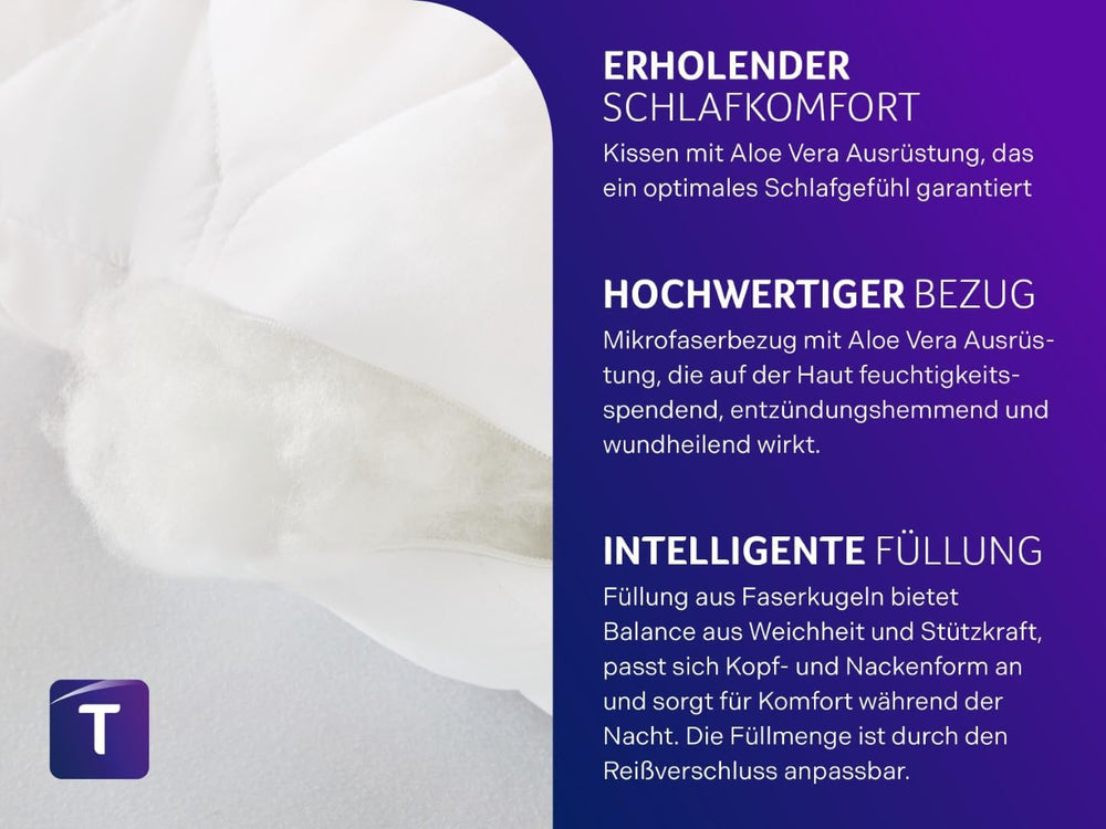 Pernă Traumnacht aloe vera cu husă confortabilă din microfibră moale catifelată, 40X80 cm, certificată Oeko-Tex, produsă în conformitate cu standardul de calitate german Perne standard Naty Shop
