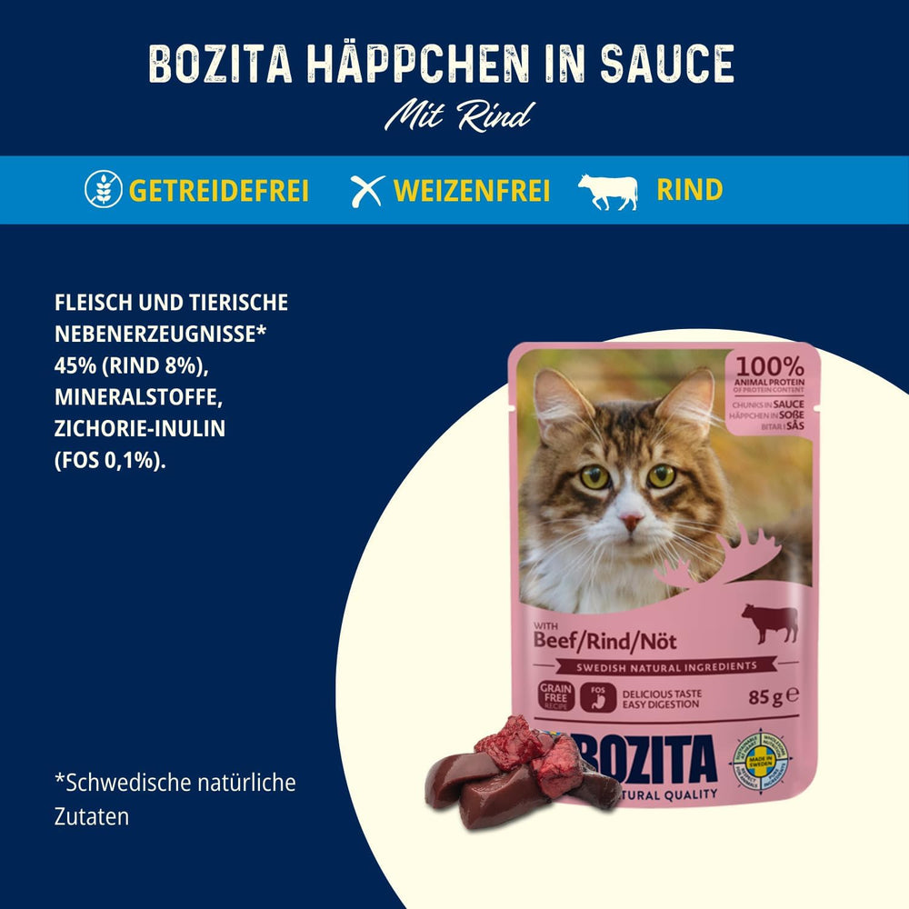 Bozita Pouch Bucăți de hrană umedă în sos cu carne de vită - 12 pliculețe x 85g Hrană umedă fără cereale și grâu pentru pisici - Hrană umedă pentru pisici adulte cu 8,5% proteine și 4,5% grăsimi