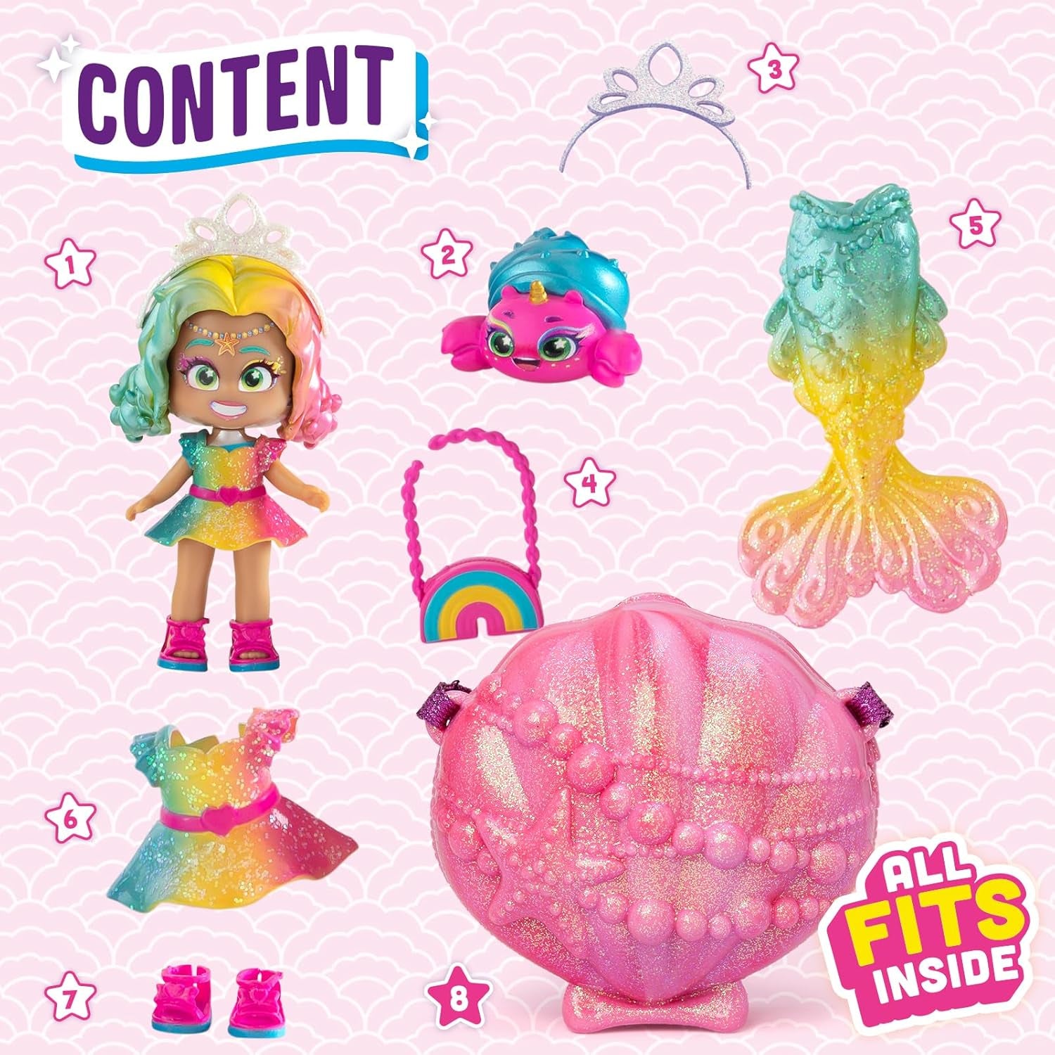 Sirene Coral Meerjungfrauen-Puppe mit 1 Muscheltasche, 1 Meerjungfrauenschwanz, 1 Haustier, Kleidung, Accessoires und Schuhe