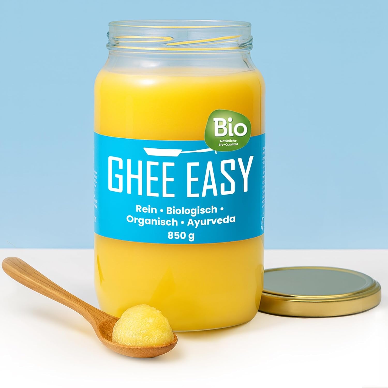 Ghee Easy 850g Ghee Bio von Grasgefütterten Kühen - Ghee Butter ohne Zusatzstoffe - Zertifiziert Organisch & Biologisch - Hochreines Ayurveda Ghee ohne Lactose und Gluten - 100% Europäisch