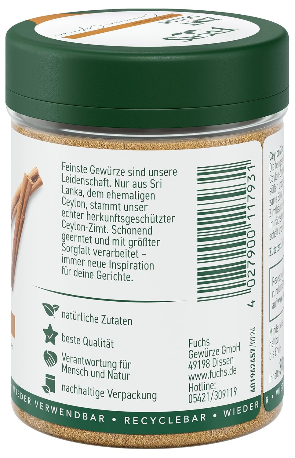 Fuchs Gewürze - Zimt Ceylon gemahlen | Ingrediente naturale | 30 g in wiederverwendbarer, recyclebarer Streudose