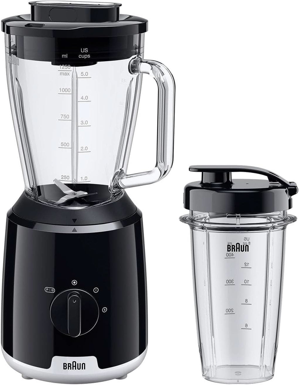 Braun Powerblend 1 JB1050WH - Robot da cucina con 1,5 L Glass-Mixaufsatz, Küchenhelfer Zum Zerkleinern, Pürieren & Mixen, Ice-Crush-Funktion, 2 Geschwindigkeiten, 600 Watt, Weiß Bucatarie Naty Shop Schwarz Glas-Mixaufsatz
