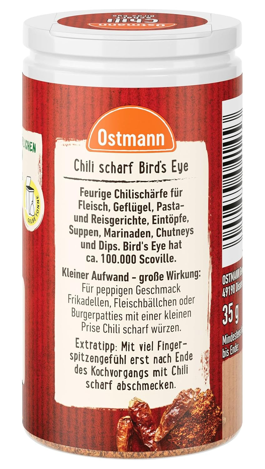 Ostmann Gewürze - Sciarpa al peperoncino Bird's Eye | Féurige Scharfe für Fleischgerichte und Eintöpfe | 35 g in Der Streudose