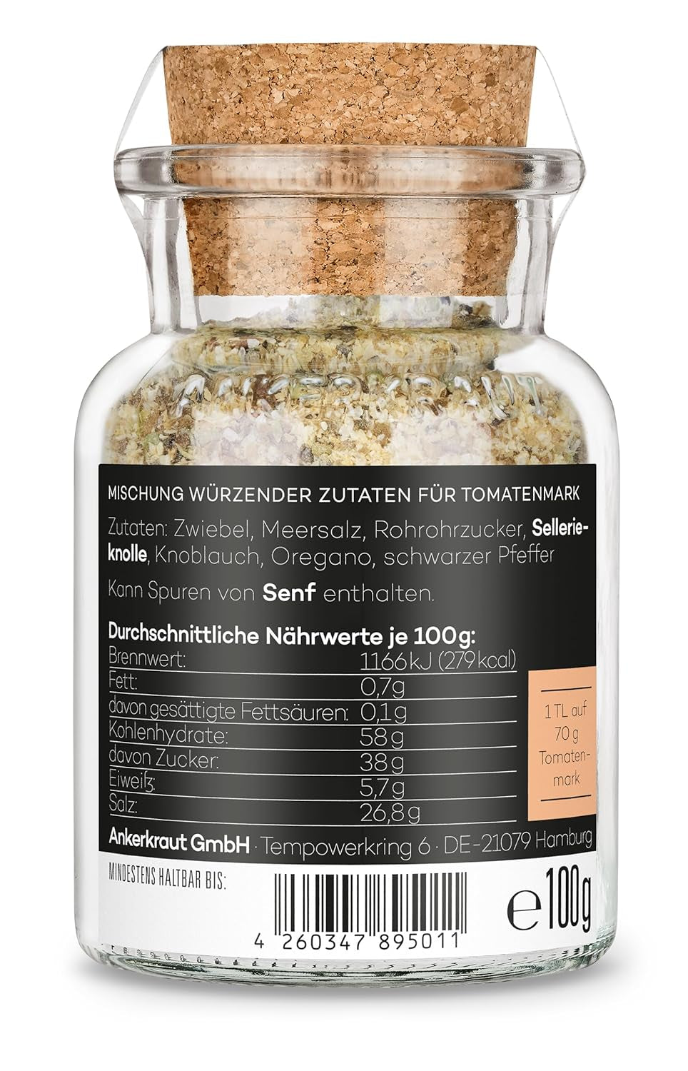 Ankerkraut Tomatensaucen, per Pasta, Spaghetti, Tortellini und Klassiker aus Italien, Lecker zu Hause cochen, Mischung würzender Ingredient für Tomatenmark, 100 g in vetro di sughero