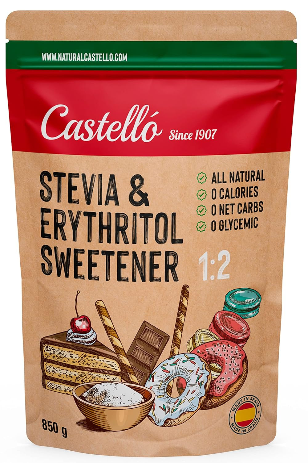 Stevia + eritritolo 1:2 sostanza nutriente | 1G = 2GZucker | 100% Natürlicher Zuckerersatz - 0 Kalorien - 0 Glykämischer Index - Keto Und Paleo - 0 Netto-Kohlenoidrato - Kein GVO - Castello since 1907 - 850 G Dolcificanti Naty Shop Default Title