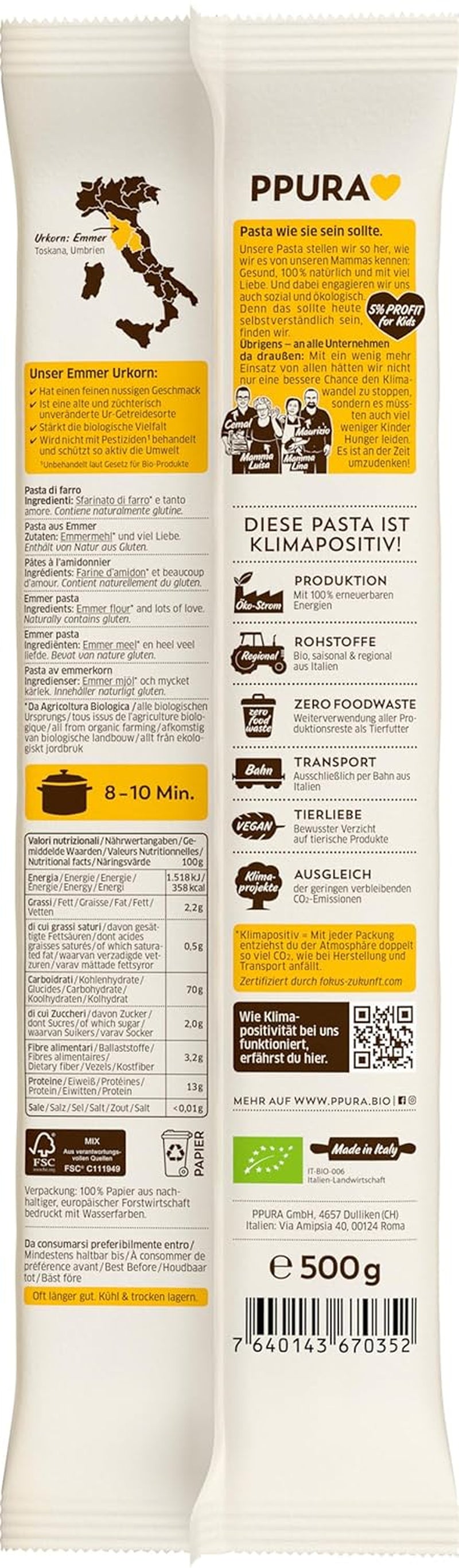 PPURA Spaghetti al Farro Bio 500g, Spaghetti al Farro 100% naturali, made in Italy - Pasta italiana senza additivi, coloranti e conservanti