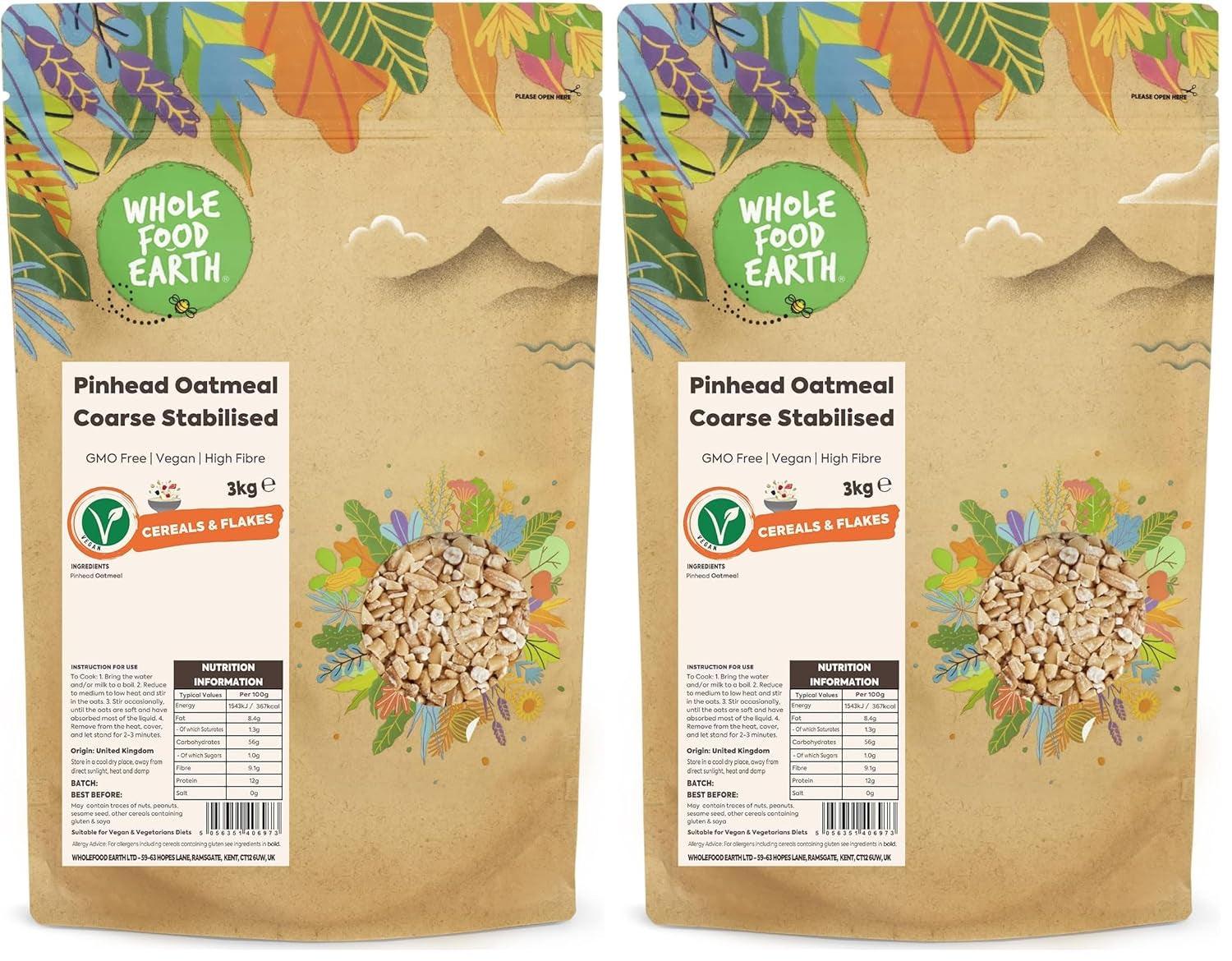 Wholefood Earth Farina d'avena Pinhead grossolana stabilizzata 3 kg | Non OGM | Ricco di fibre