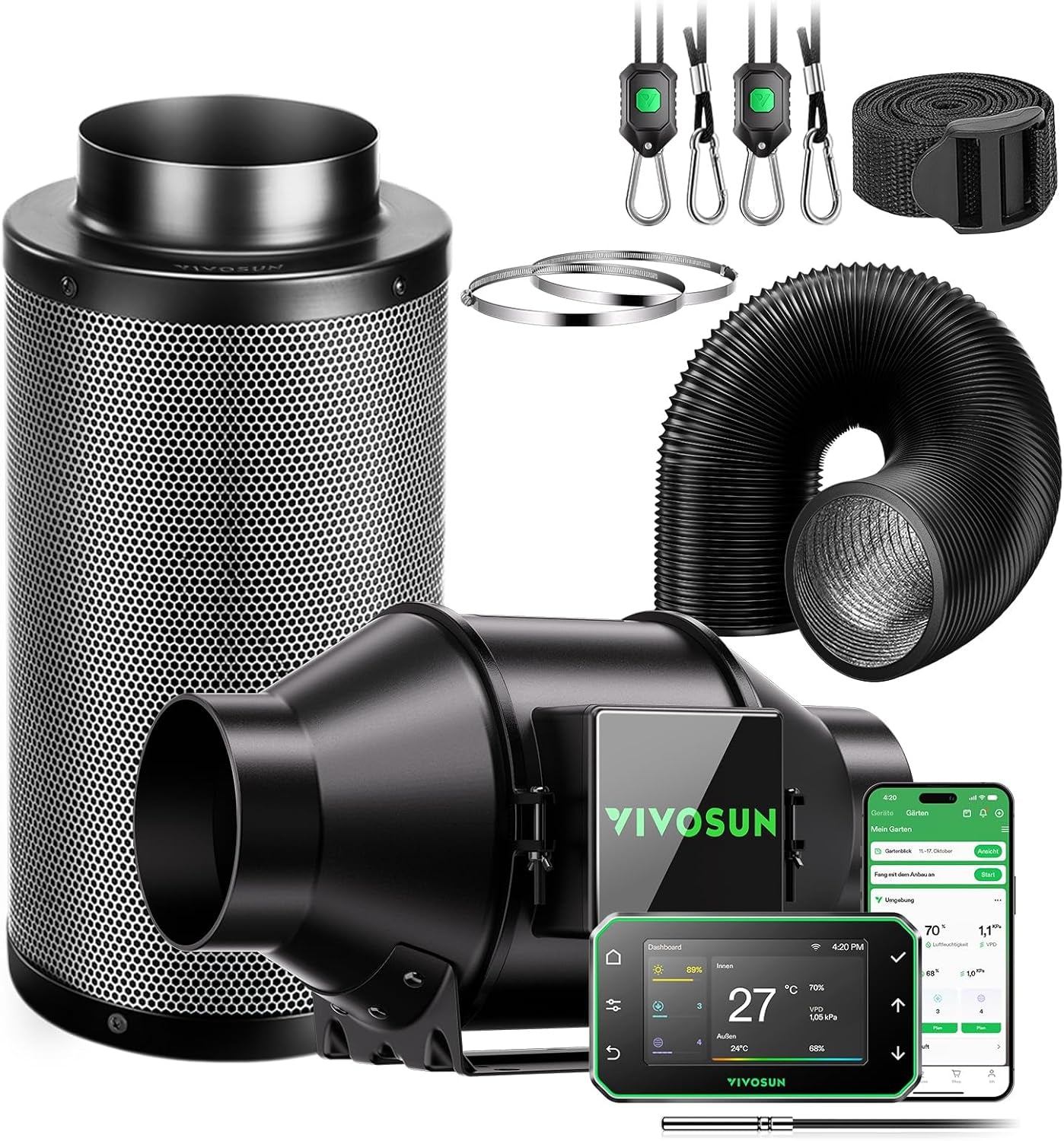 VIVOSUN Kit ventola/scarico in linea AeroZesh G4 intelligente da 100 mm con GrowHub E42A+, controller di temperatura e umidità, telecomando WiFi/app, filtro a carbone attivo e tubo per tende da coltivazione e coltura idroponica