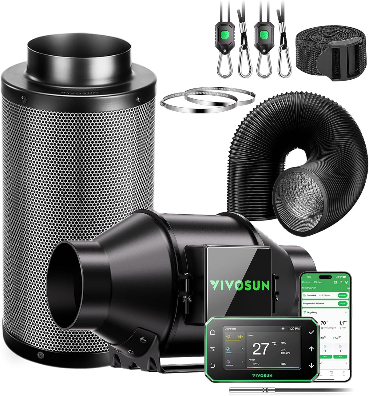 VIVOSUN Kit ventola/scarico in linea AeroZesh G4 intelligente da 100 mm con GrowHub E42A+, controller di temperatura e umidità, telecomando WiFi/app, filtro a carbone attivo e tubo per tende da coltivazione e coltura idroponica