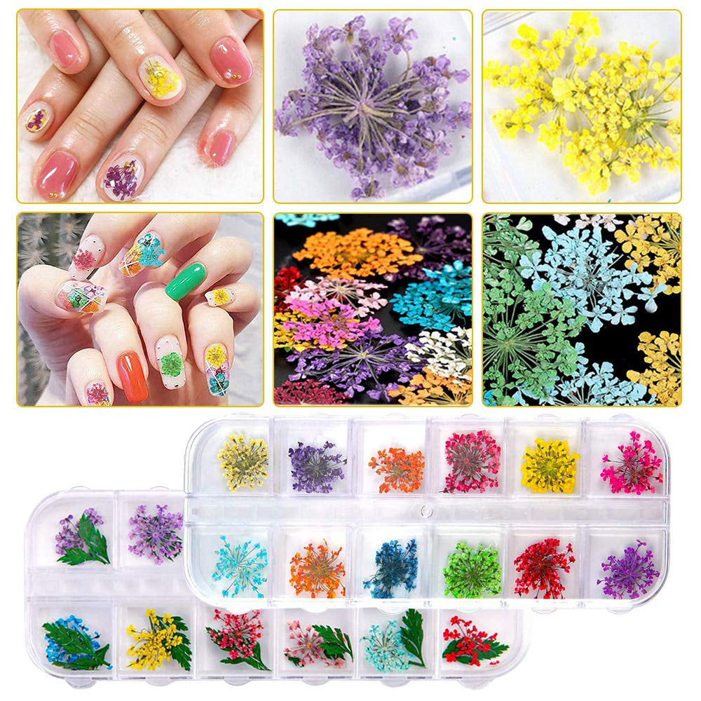 Getrocknete Blüten Nail Sticker, 2 Box 36 Stücke 3D Nail Art Kunstharz Blumen Sticker, Blüten Getrocknet Nagelkunst Trocken Blumen Nagel Zubehör Für Nagel Dekor DIY Design Mit 1 Gebogener Pinzette