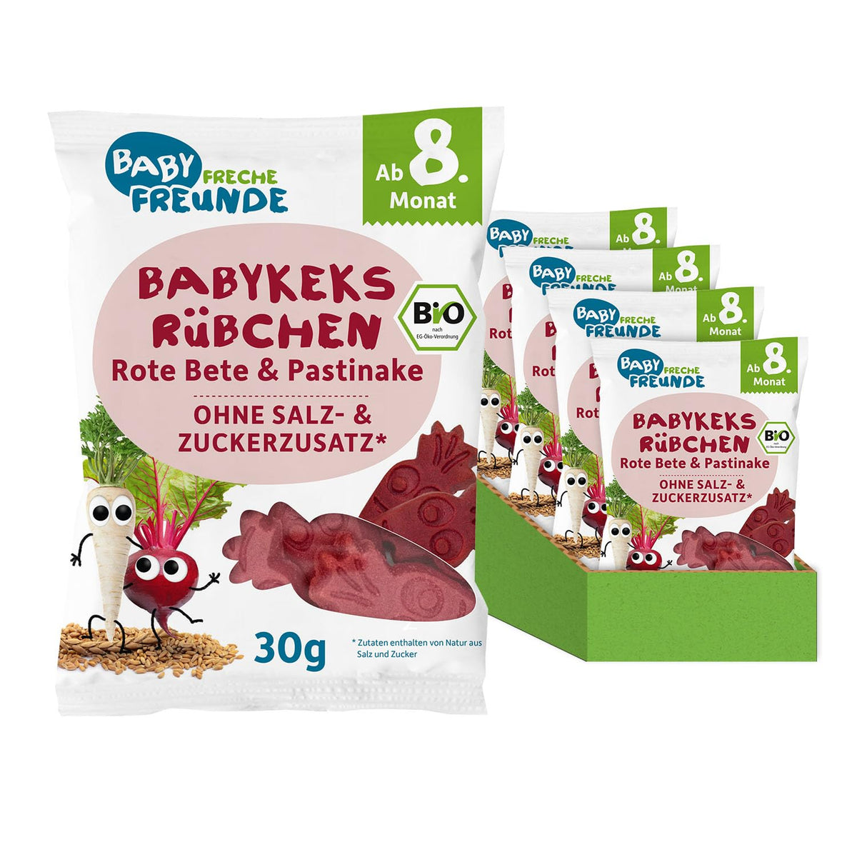 BABY FRECHE FREUNDE Biscotti per neonati biologici con barbabietola rossa e pastinaca, snack per bambini a partire da 8 mesi, senza zuccheri aggiunti, vegani, confezione da 8 (8 x 30g)
