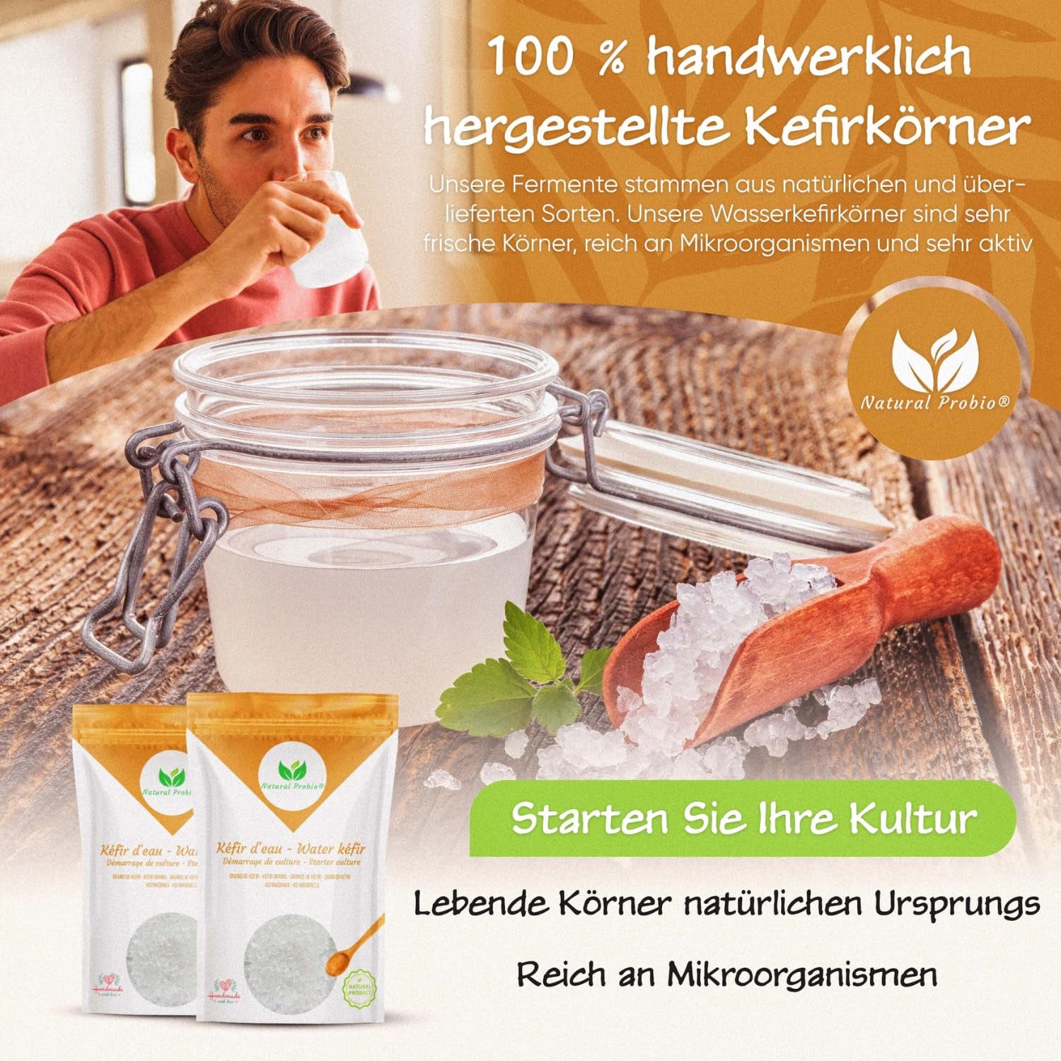 Natural Probio® Wasserkefir, Kefirpilz, Japankristalle, Kefirknollen, Starter Set + Anleitung, Rezept, Tipps, E-Book & Rezeptbibliothek + Kundenservice auf Lebenszeit (10g disidratato/60g reidratato)